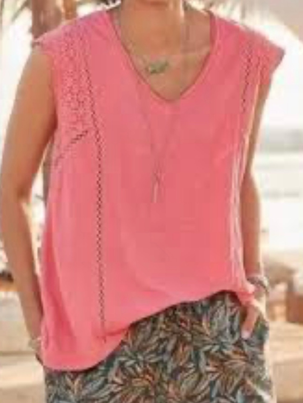 Sundance Coral Pink Eyelet Crochet Lace V-Neck Sleeveless Cotton Breezy Boxy Top